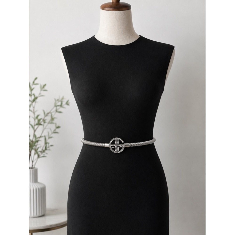Giani Bernini Womens L/XL Silver Snake Chain Stretch Belt Faux Pearl Logo Buckle